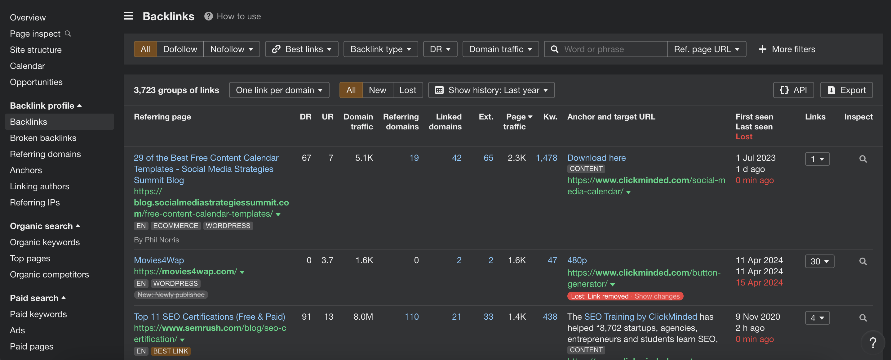 Backlinks report in ahrefs